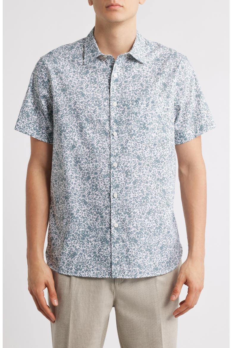 Floral Short Sleeve Stretch Button-Up Shirt, Main, color, WHITE- GREY TANSY FLORAL