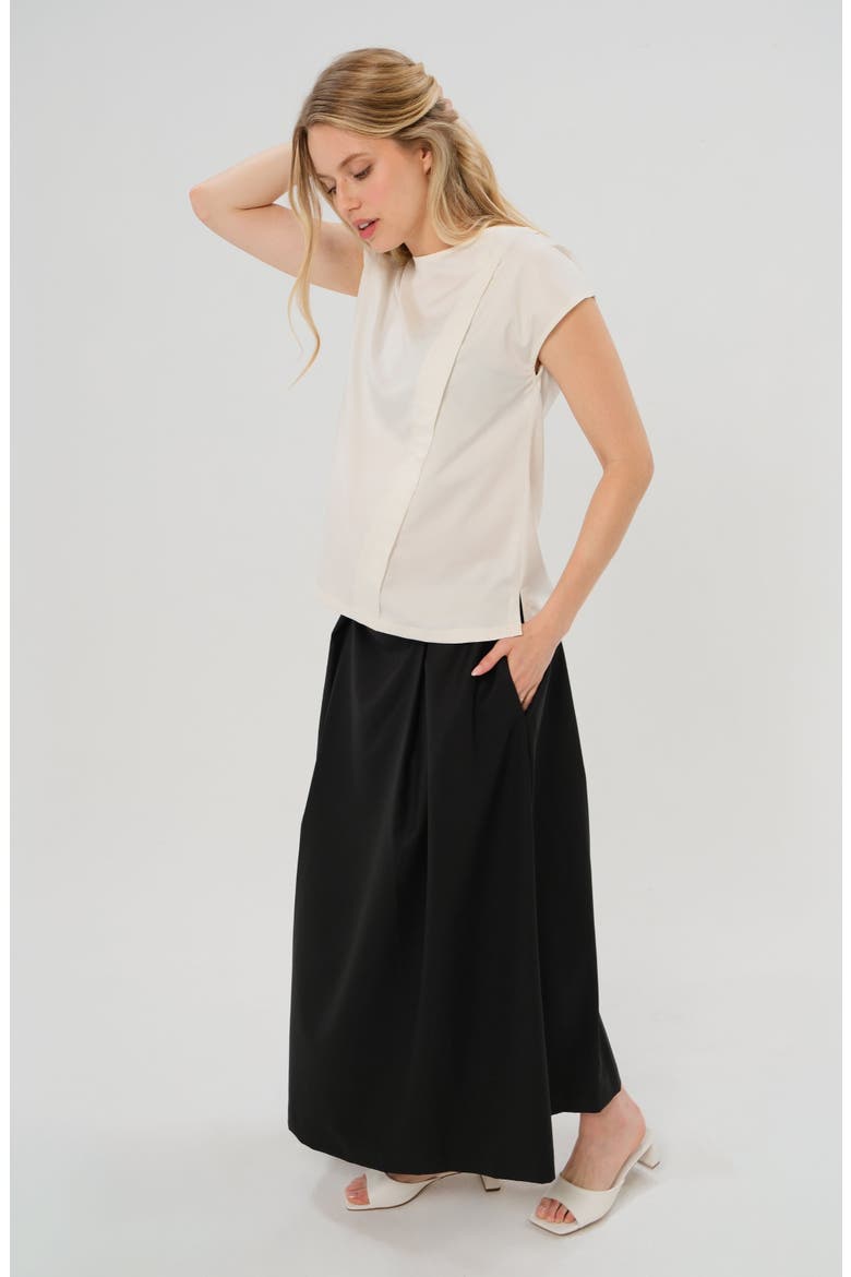 Women's Over-Under Bump Pleated Maternity Maxi Skirt in Cream Satin, Alternate, color, Black
