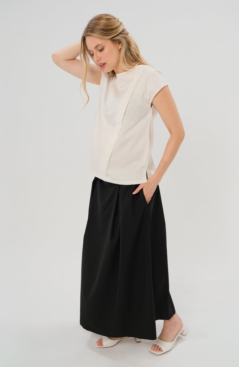 Marion Women's Over-Under Bump Pleated Maternity Maxi Skirt in Cream Satin, Alternate, color, Black