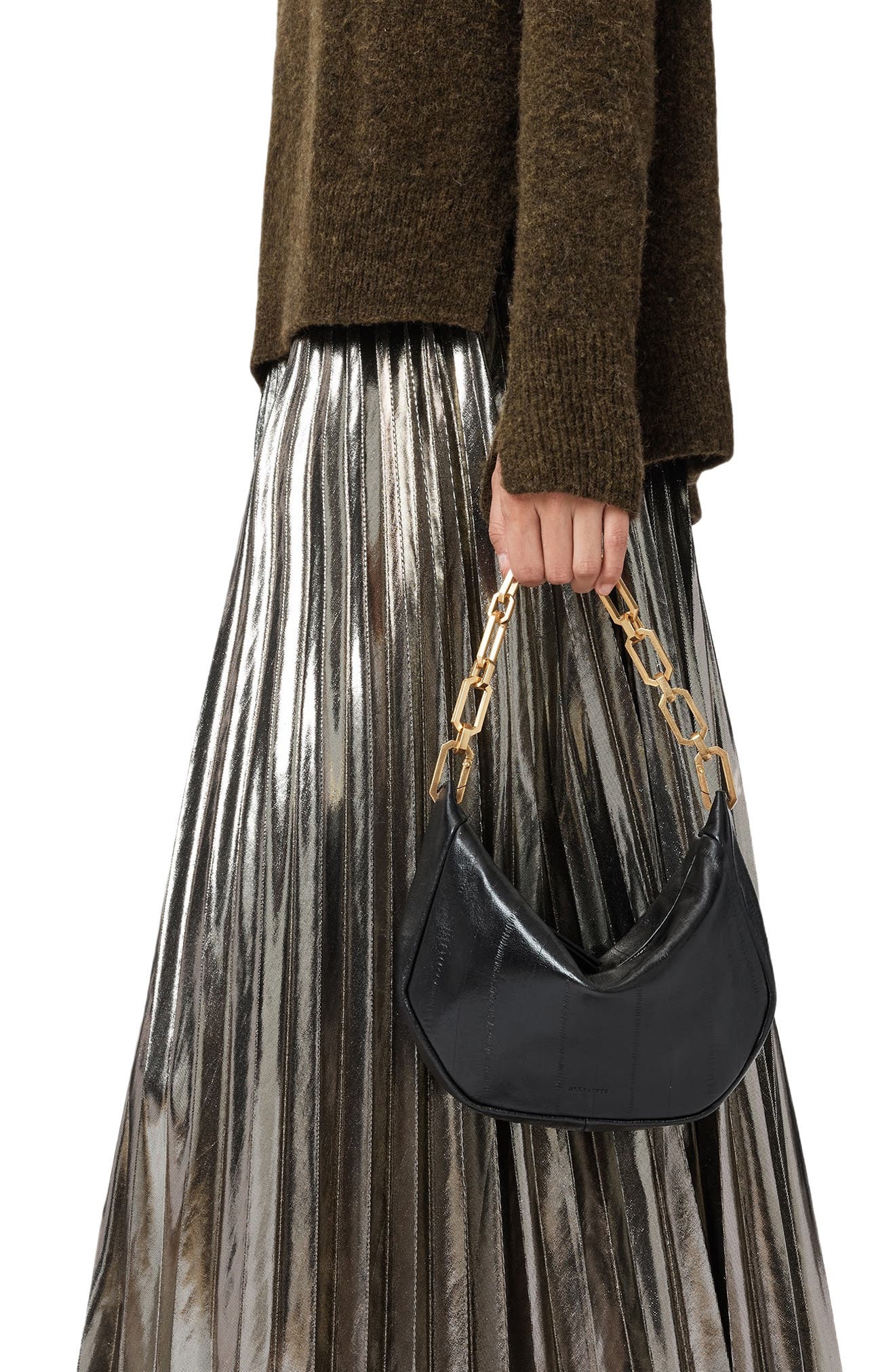 AllSaints Madea Mini Eelskin-Embossed Leather Clutch Bag, Alternate, color, 