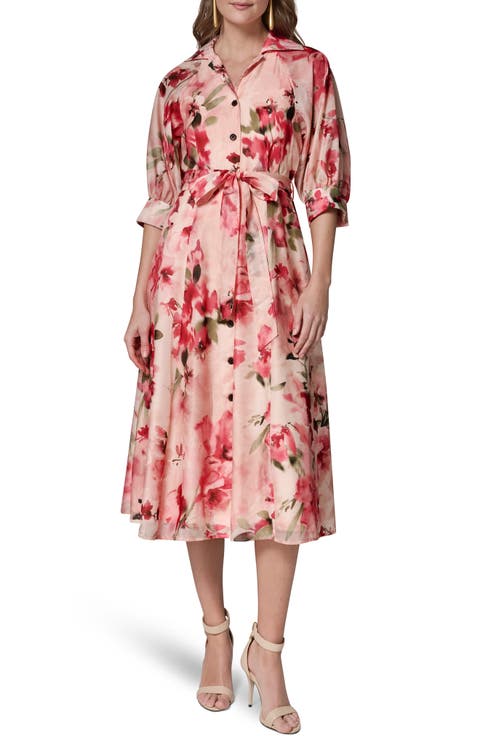 Floral Print Tie Waist Midi Shirtdress