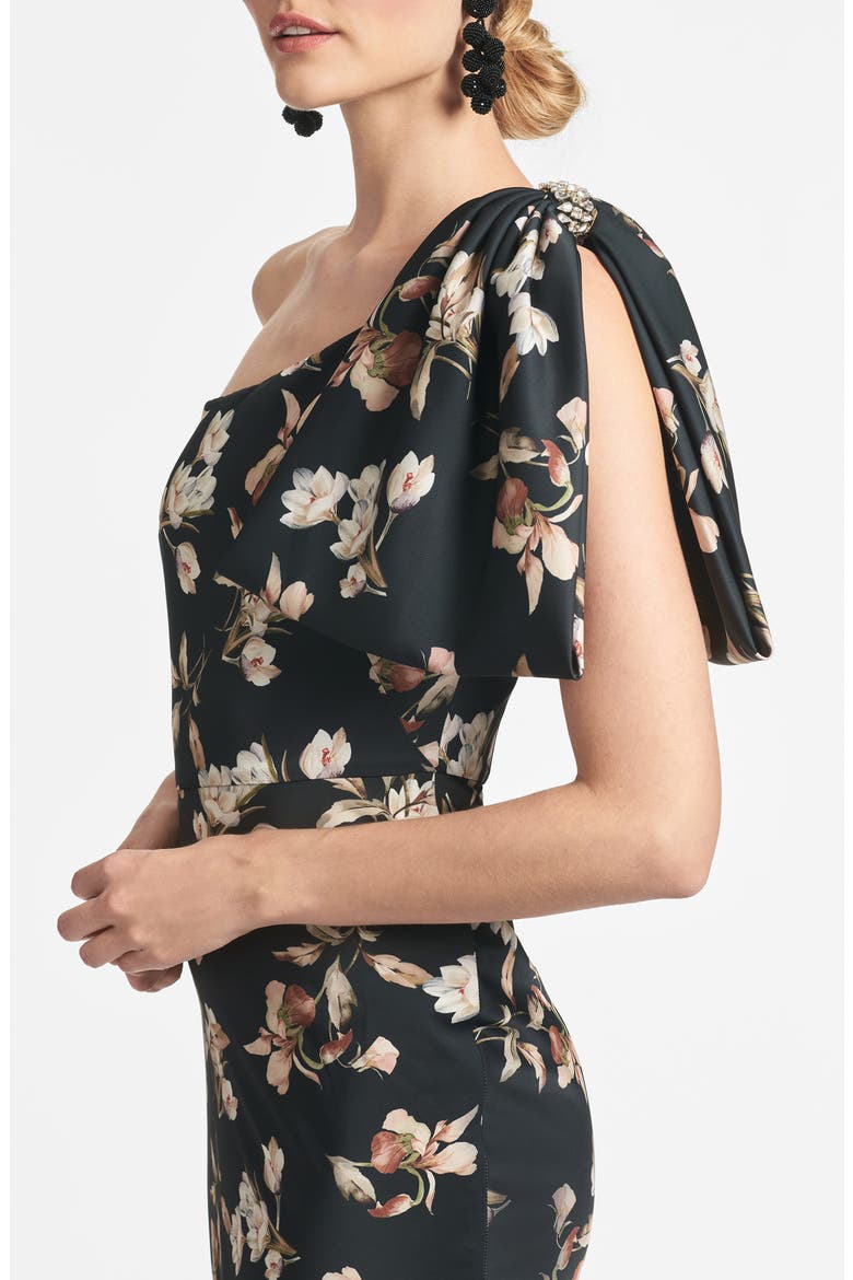 Aubrey One-Shoulder Floral Satin Charmeuse Body-Con Gown, Alternate, color, BLACK VENETIA PETAL