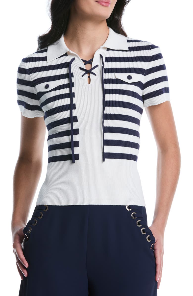 Laundry by Shelli Segal Tie Front Short Sleeve Top, Main, color, Peacoat