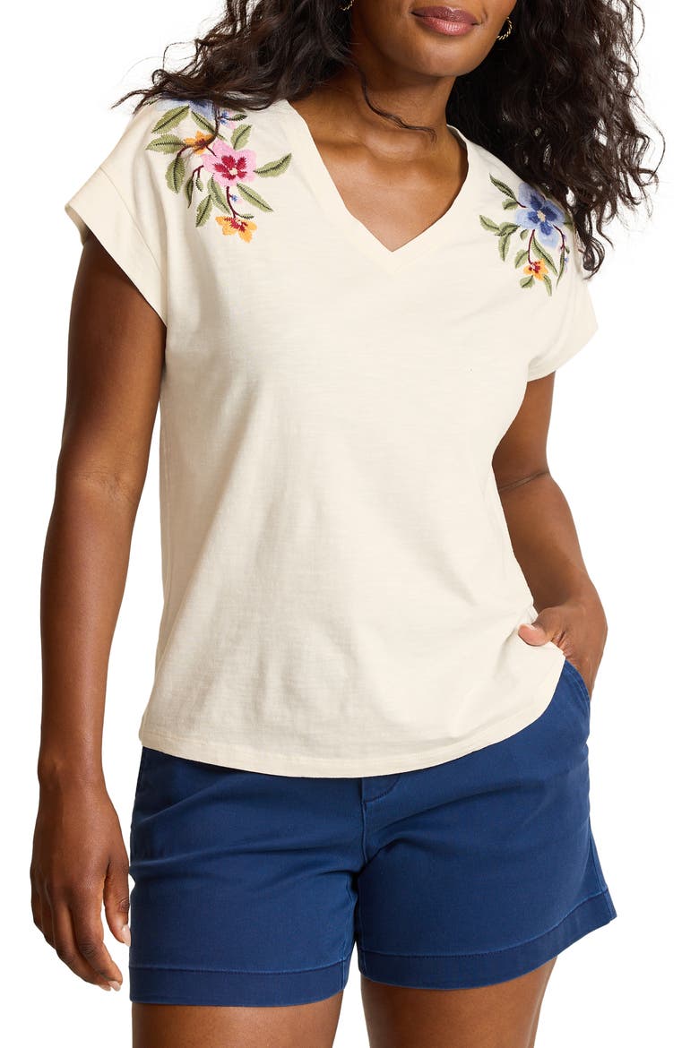 Ocean Petals Embroidered V Neck T-Shirt, Main, color, COCONUT