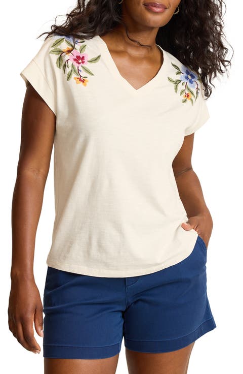 Ocean Petals Embroidered V Neck T-Shirt