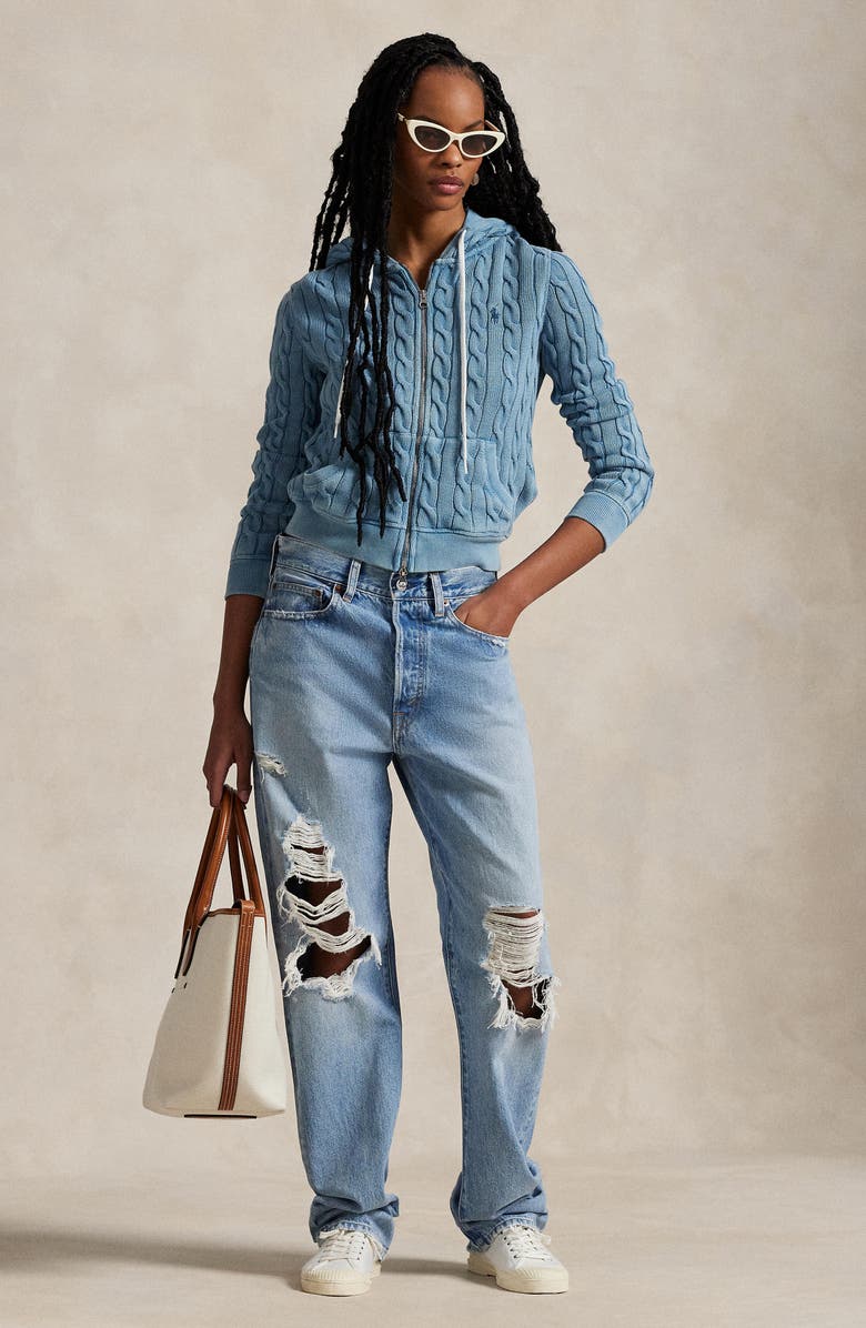 Polo Ralph Lauren Cable Knit Cotton Full Zip Hoodie, Alternate, color, 