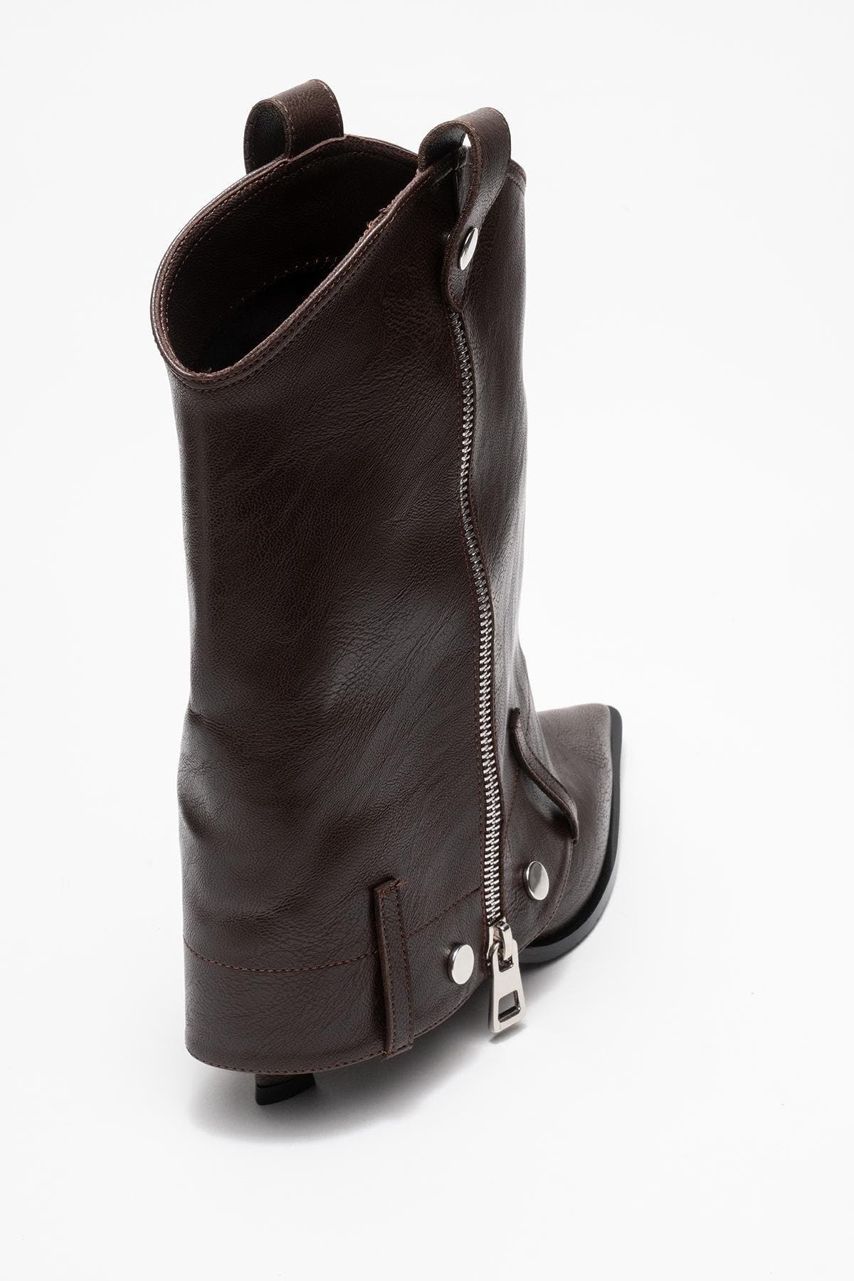 Lola Zip Pointed Toe Heel Boot, Alternate, color, Brown Faux Leather