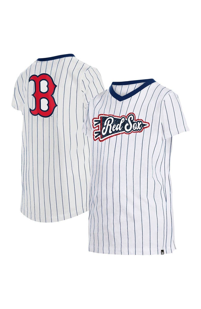 New Era Girls Youth New Era White Boston Red Sox Pinstripe V-Neck T-Shirt, Alternate, color, White