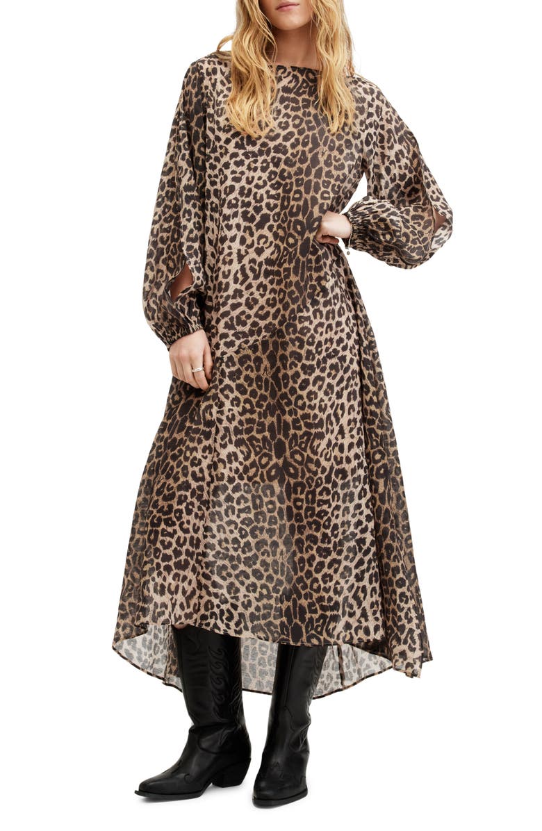 AllSaints Jane Long Sleeve Leopard Print Dress, Main, color,
