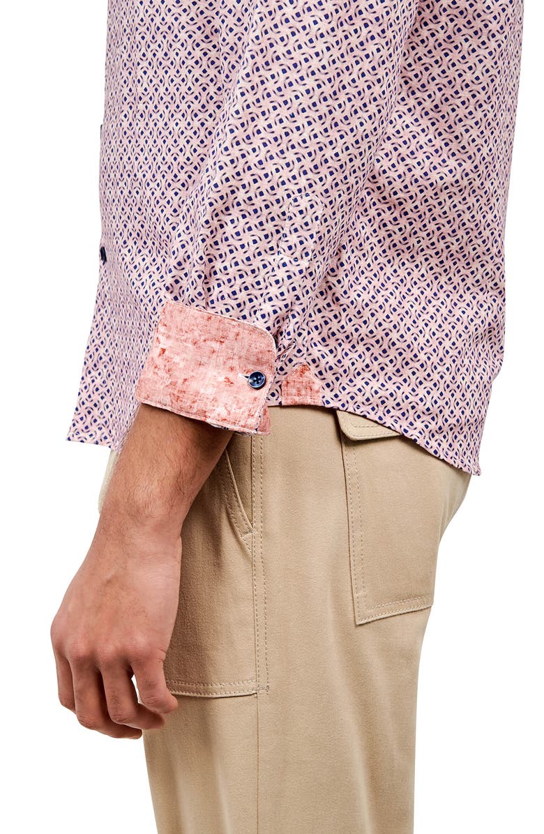 Brooklyn Brigade Dumbo Geometric Print Long Sleeve Mandarin Collar Shirt, Alternate, color, Navy/ Pink
