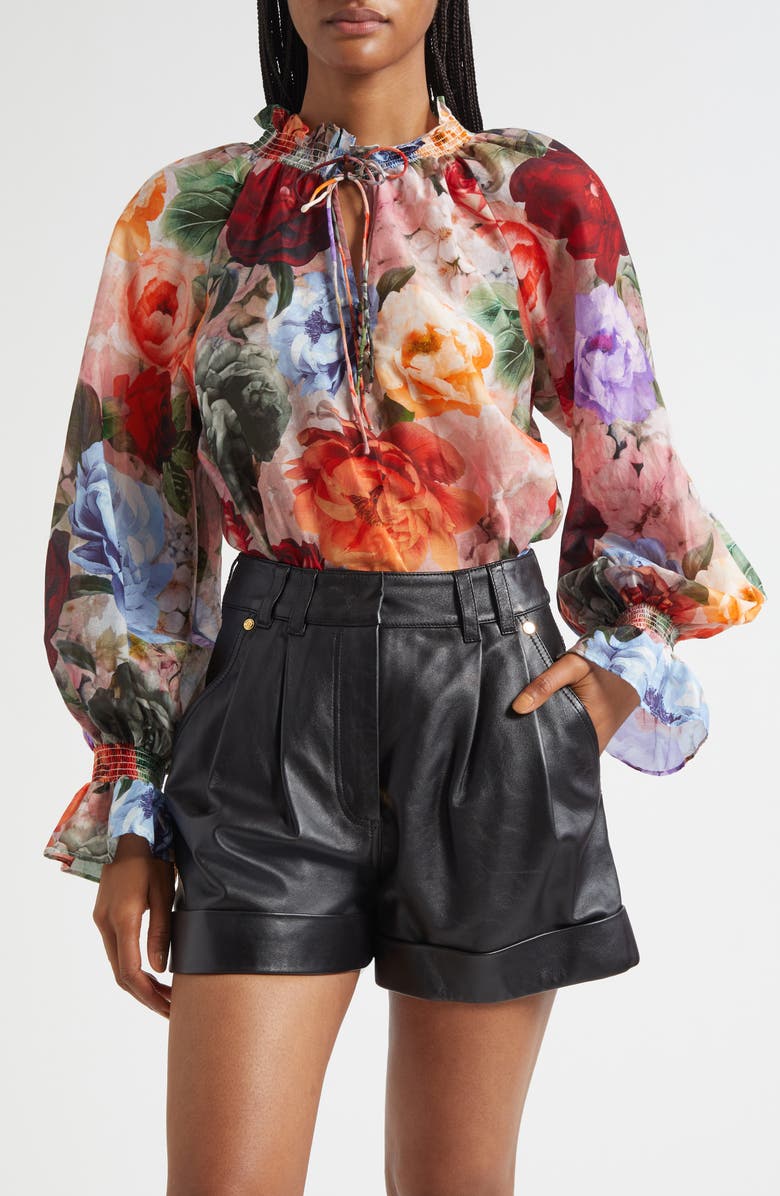 Alice + Olivia Norah Ruffle Cotton & Silk Peasant Top, Main, color, Storm Floral