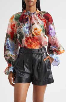 Alice + Olivia Norah Ruffle Cotton & Silk Peasant Top