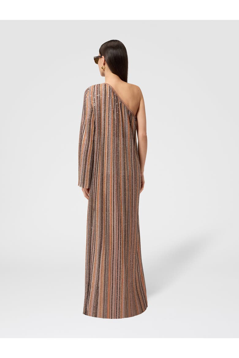 One-shoulder Long Dress In Ribbed Viscose Lamé, Alternate, color, Gold& Beige