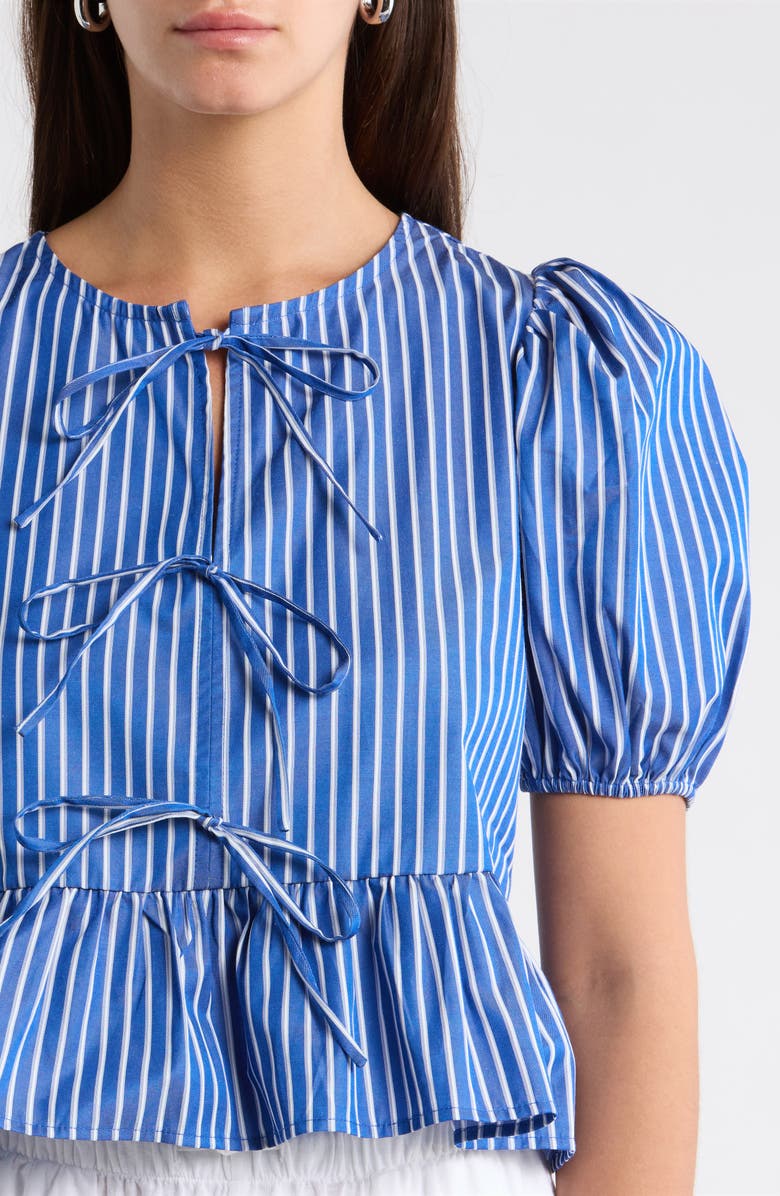 SUGARLIPS Vester Tie Front Puff Sleeve Top, Alternate, color, Blue/ White
