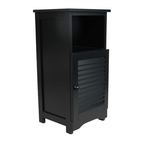 Serene Handcrafted Acacia Wood Bathroom Freestanding Floor Storage Cabinet with Louvered Door and Open Shelf