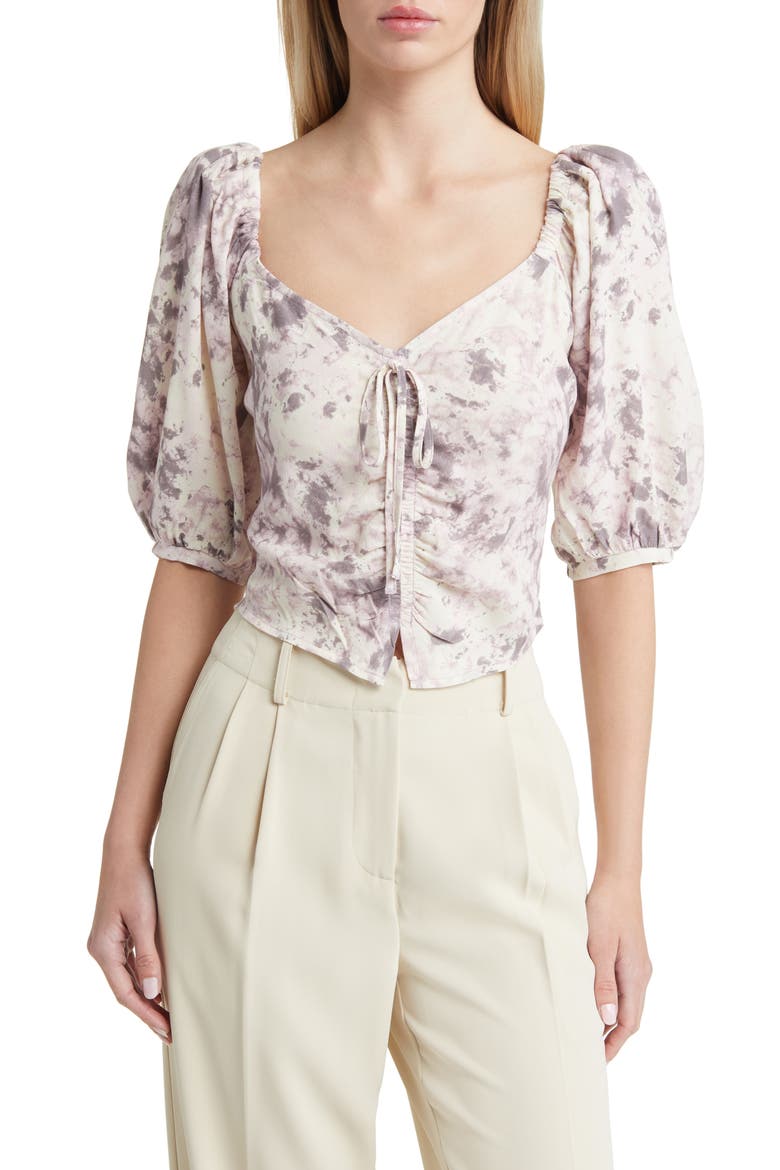 Tie Front Puff Sleeve Blouse, Main, color, IVORY- GREY Q CAMPY DYE