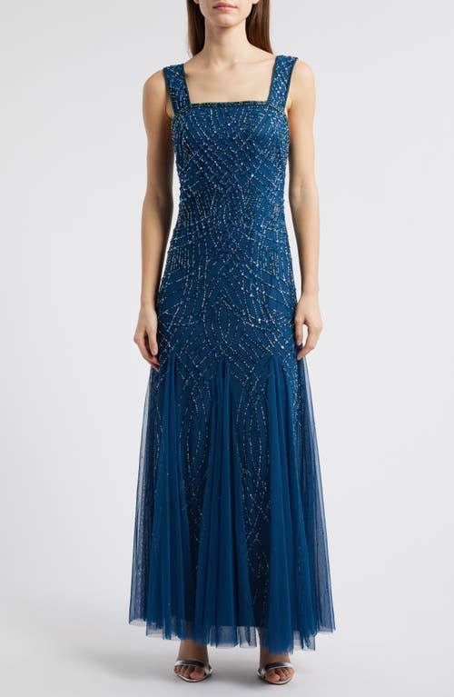 Pisarro Nights Beaded Gown With Long Sleeve Jacket In Petrol Blue