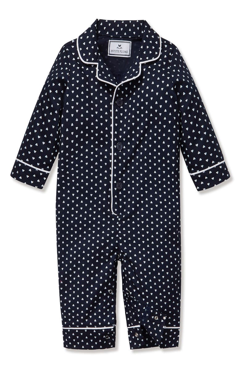 Petite Plume Print One-Piece Brushed Twill Pajamas, Main, color, Navy