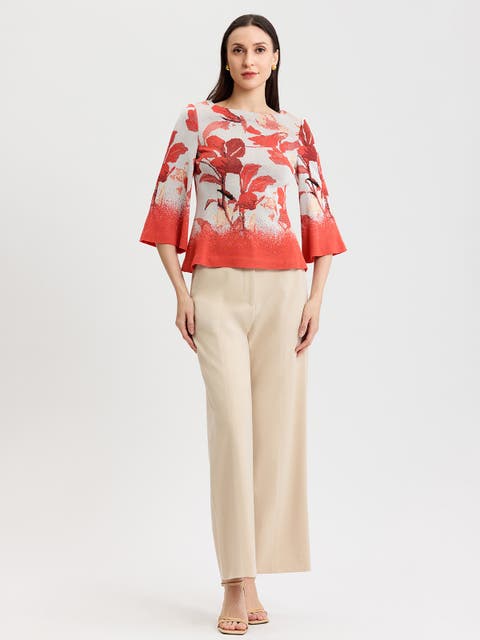 Floral Jacquard Bell Sleeve Soft Knit Top