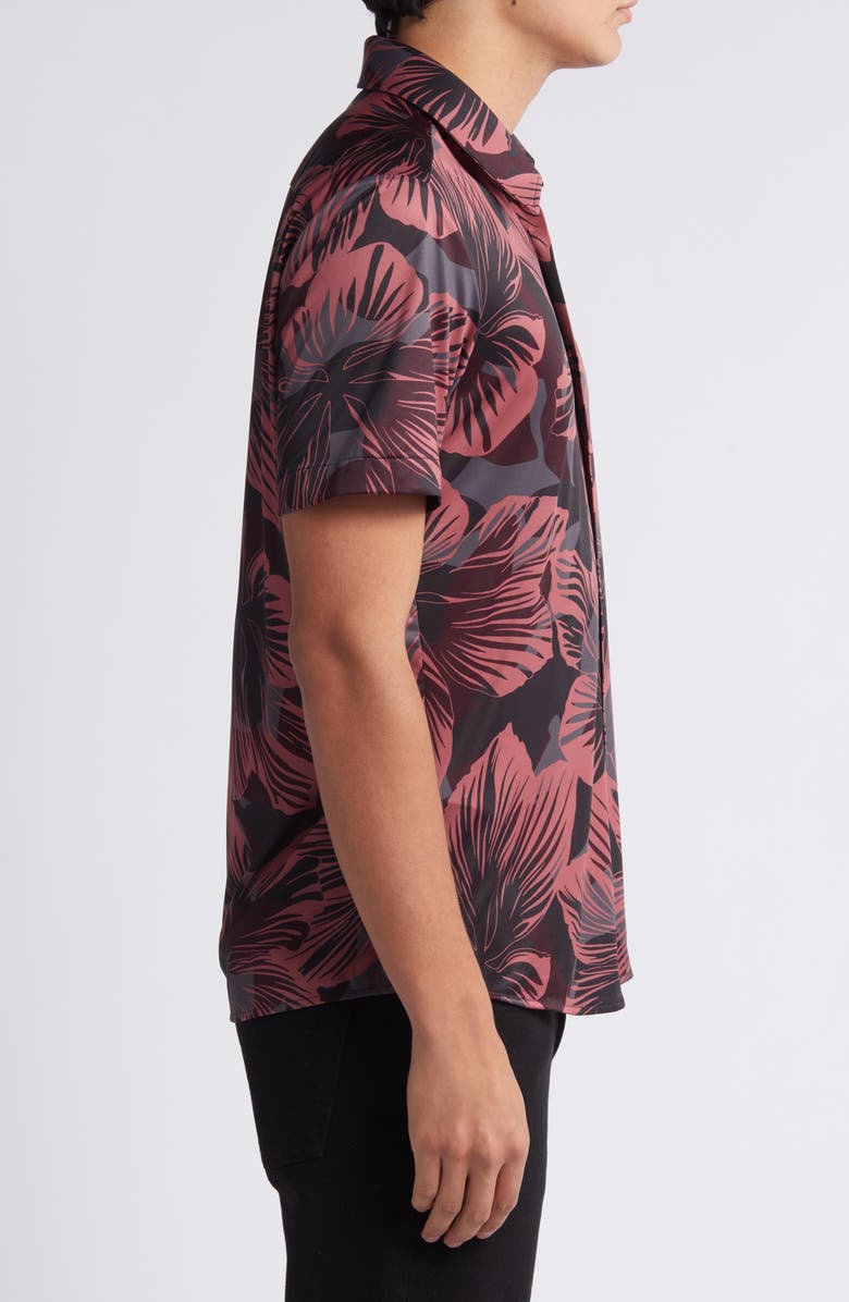 BOSS Roan Slim Fit Leaf Print Short Sleeve Stretch Button-Up Shirt, Alternate, color, Red