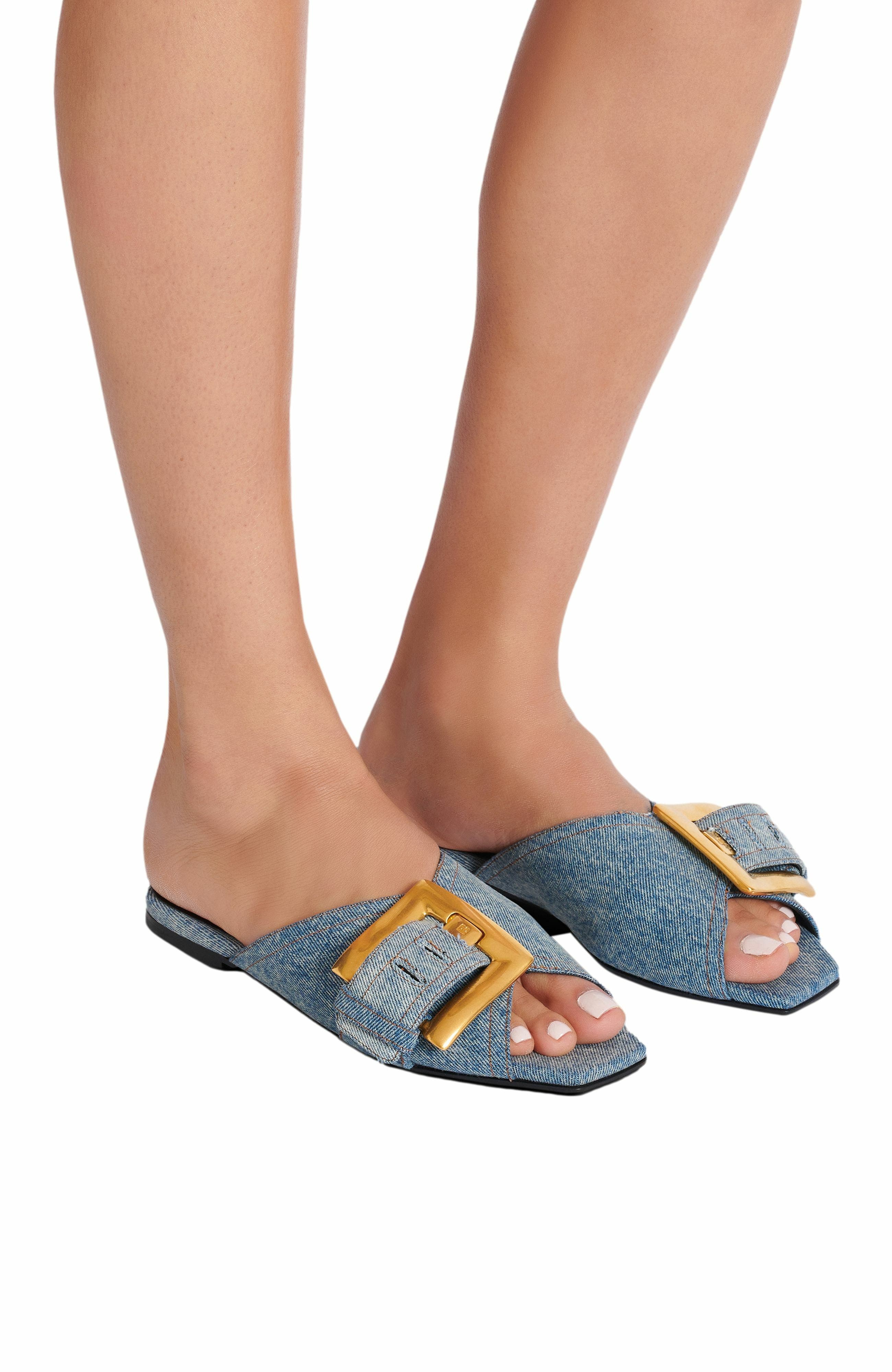 Balmain Anthem Flat Denim Sandals, Alternate, color, Blue