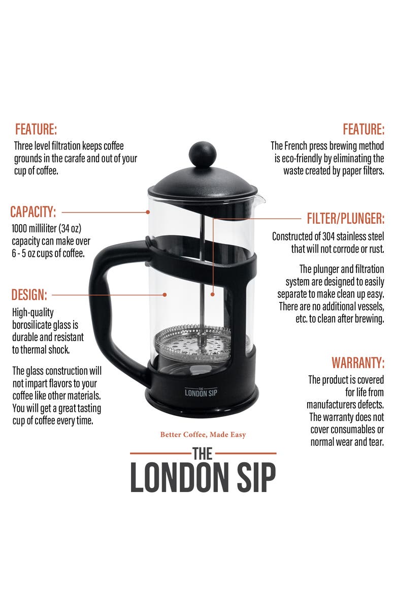 London Sip Deluxe French Press Immersion Brewer, 1000ml, Alternate, color, Black