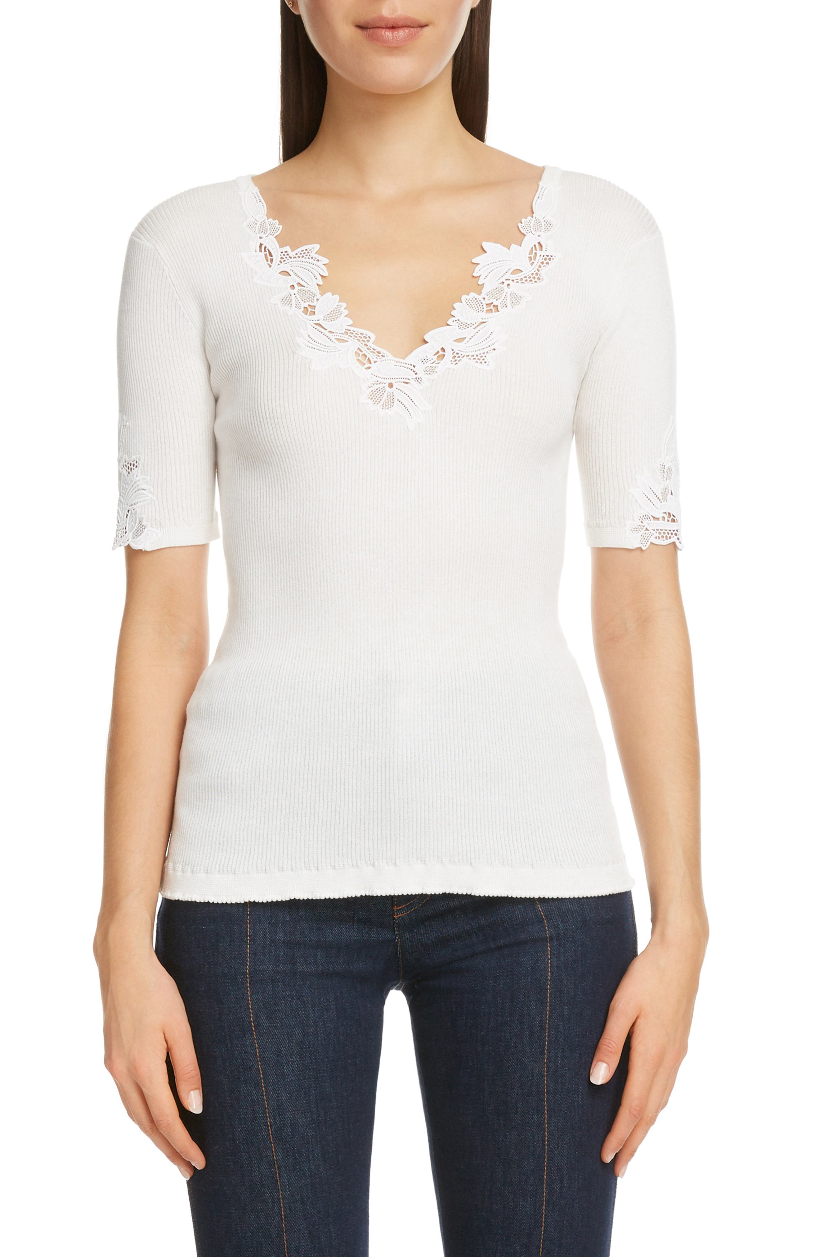 Chloé Lace Trim Rib Knit Top (Women) | Nordstrom