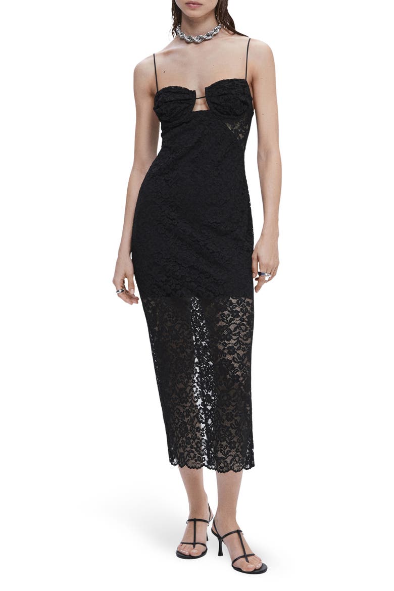 Sheer Panel Lace Dress, Main, color, BLACK