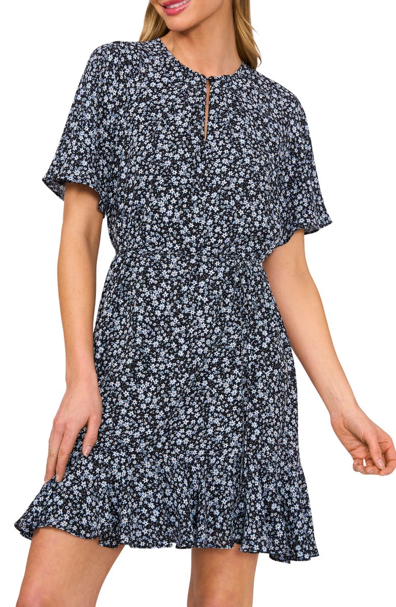 CeCe Print Flutter Sleeve Dress, Alternate, color, Rich Black