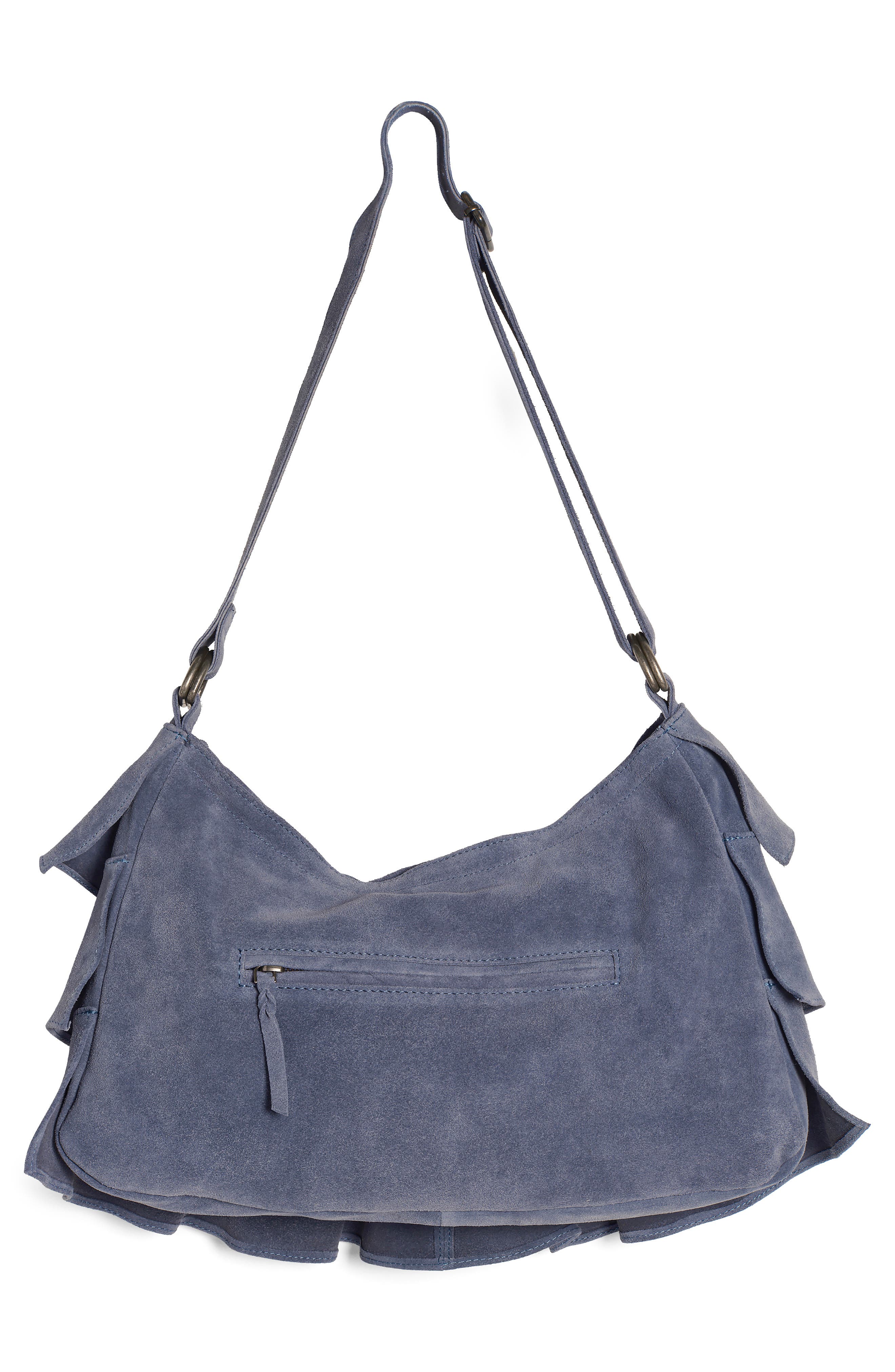 Free People Rae Ruffle Suede Shoulder Bag, Alternate, color, Slate