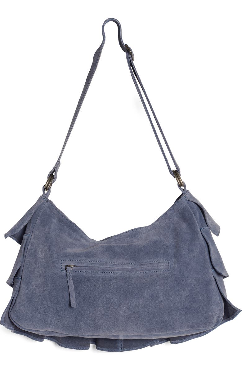 Free People Rae Ruffle Suede Shoulder Bag, Alternate, color, Slate