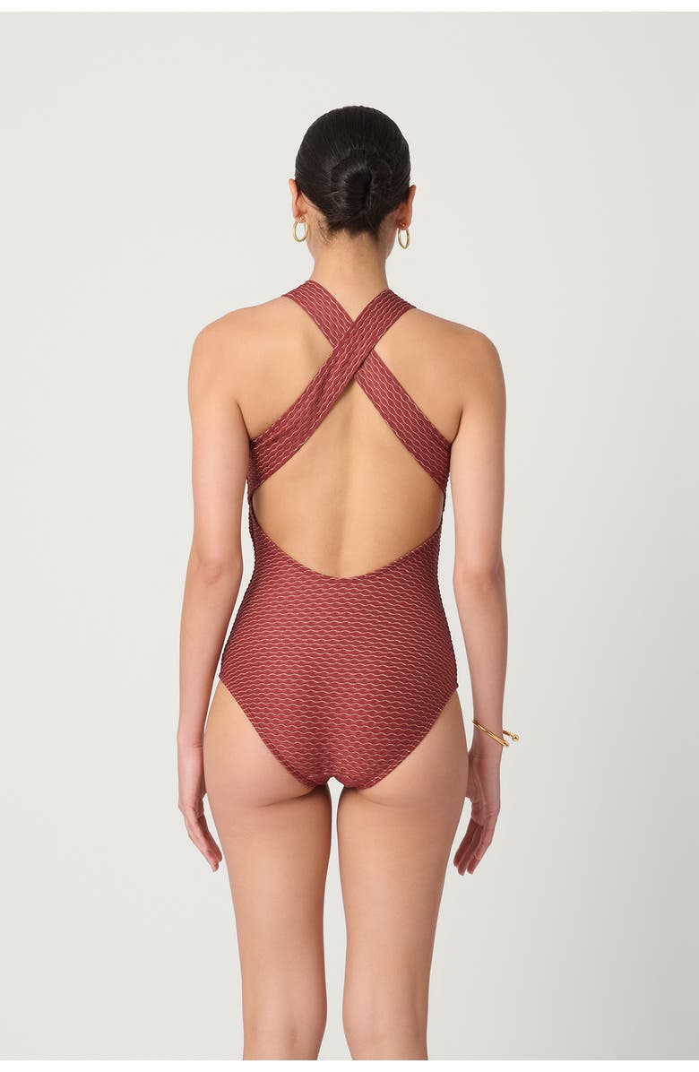 Shoshanna Wave Texture High Neck One Piece, Alternate, color, Cinnamon/Gold