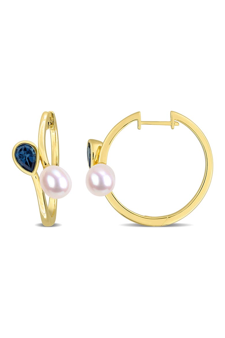 Cultured Freshwater Pearl & London Blue Topaz Huggie Hoop Earrings, Main, color, BLUE