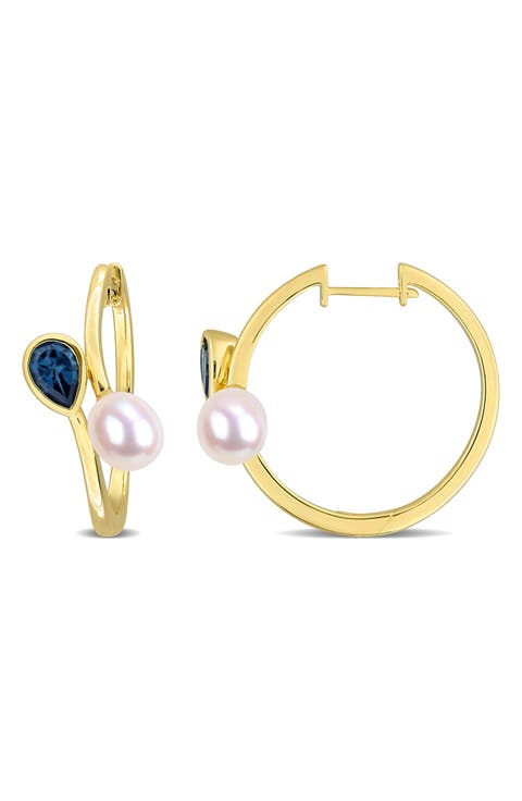 Cultured Freshwater Pearl & London Blue Topaz Huggie Hoop Earrings