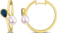 DELMAR Cultured Freshwater Pearl & London Blue Topaz Huggie Hoop Earrings