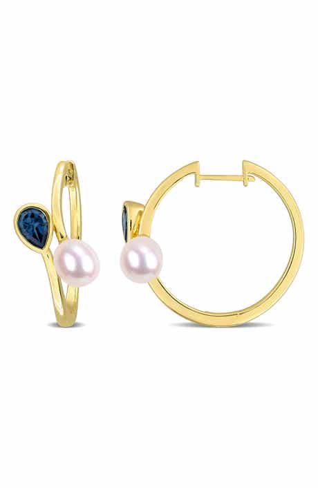 DELMAR Cultured Freshwater Pearl & London Blue Topaz Huggie Hoop Earrings