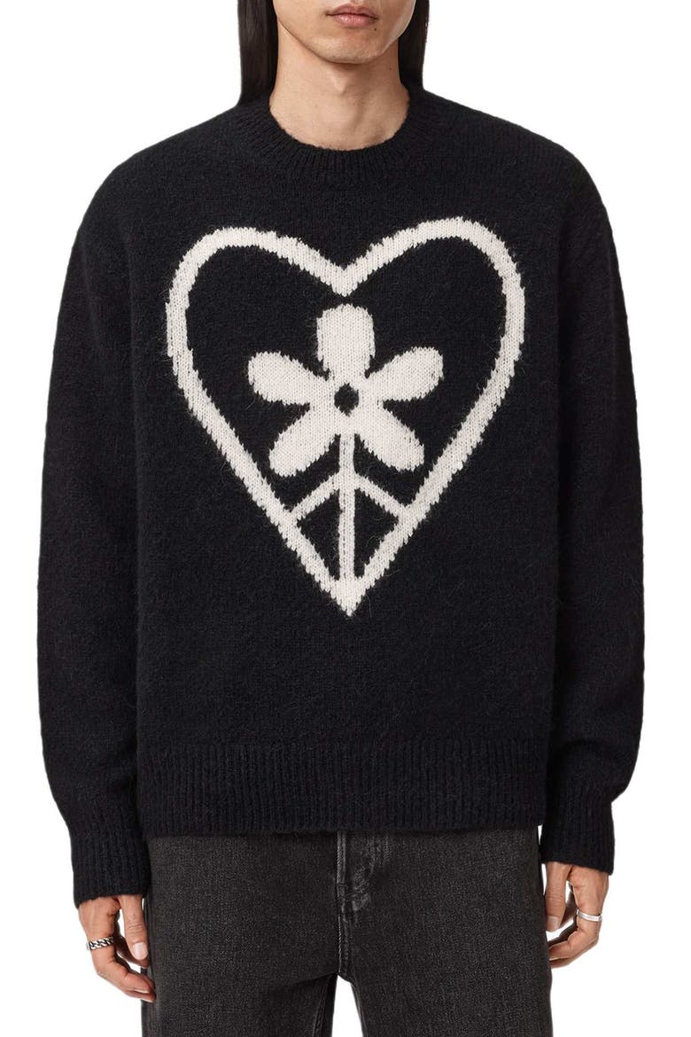 Finden Heart Merino Wool & Alpaca Blend Crewneck Sweater, Main, color, BLACK