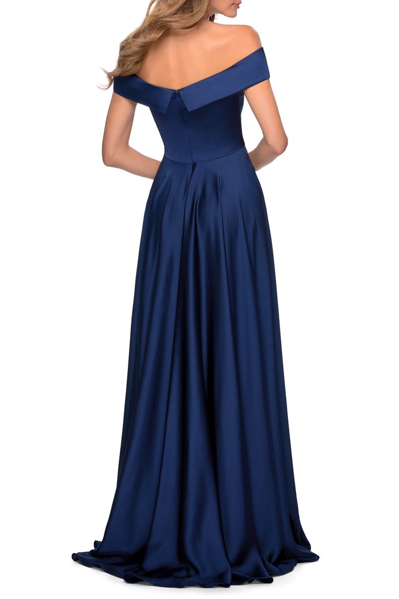 Satin Off the Shoulder Evening Dress with Pockets, Alternate, color, NAVY