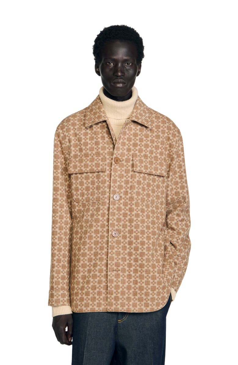 SANDRO Square Cross jacquard overshirt, Main, color, Camel