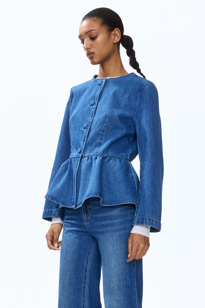 Collarless Peplum Jacket, Main, color, Denim blue