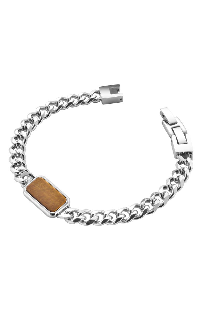 GEOFFREY BEENE Men's Stainless Steel Semiprecious Stone Curb Chain Bracelet, Alternate, color, Brown