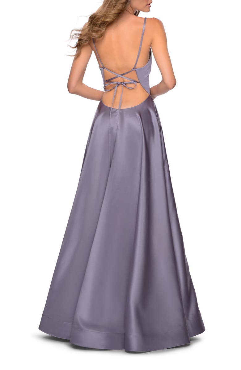 La Femme V-Neck Satin Prom Dress with Lace Up Back, Alternate, color, Lavender/Gray