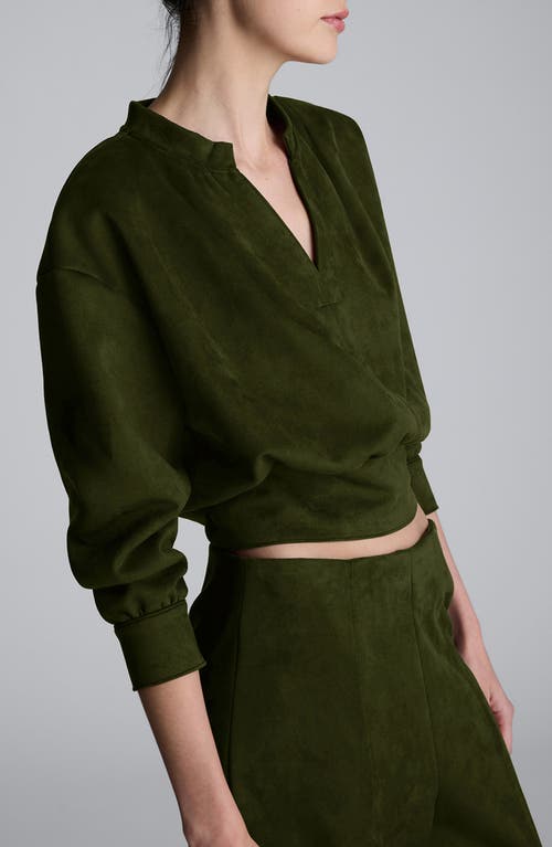 Kenneth Cole Faux Suede Shoulder Pleated Long Sleeve Knit Pullover In Green