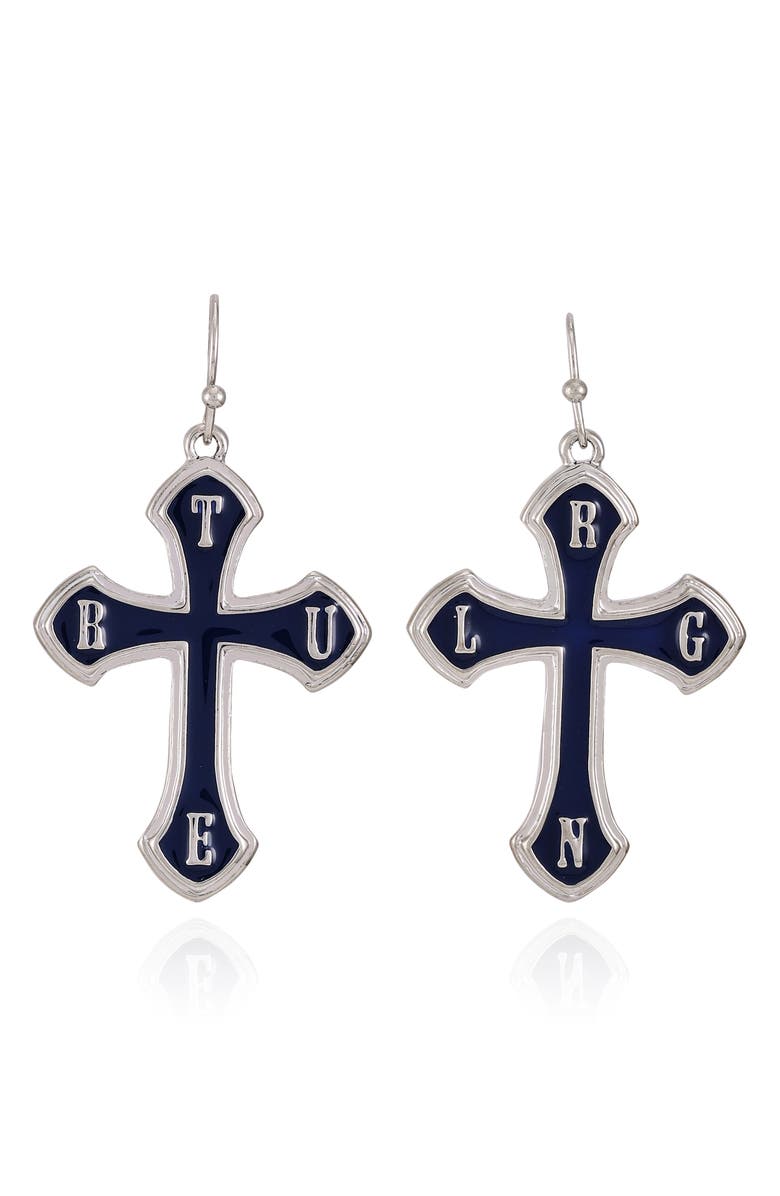 True Religion Logo Cross Drop Earrings, Alternate, color, Silver Tone