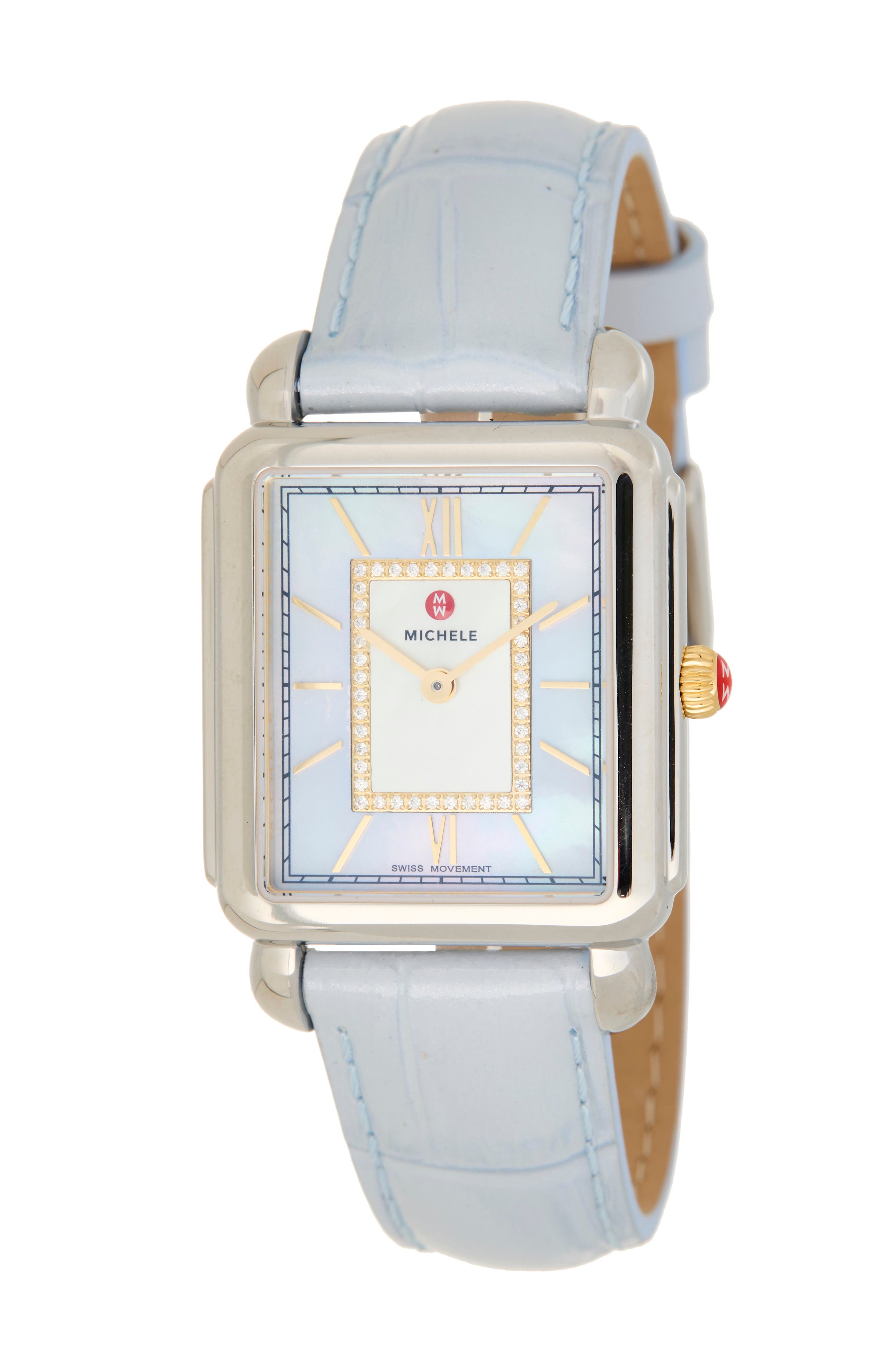 Deco II Diamond Mother-of-Pearl Leather Strap Watch, 26mm x 28mm