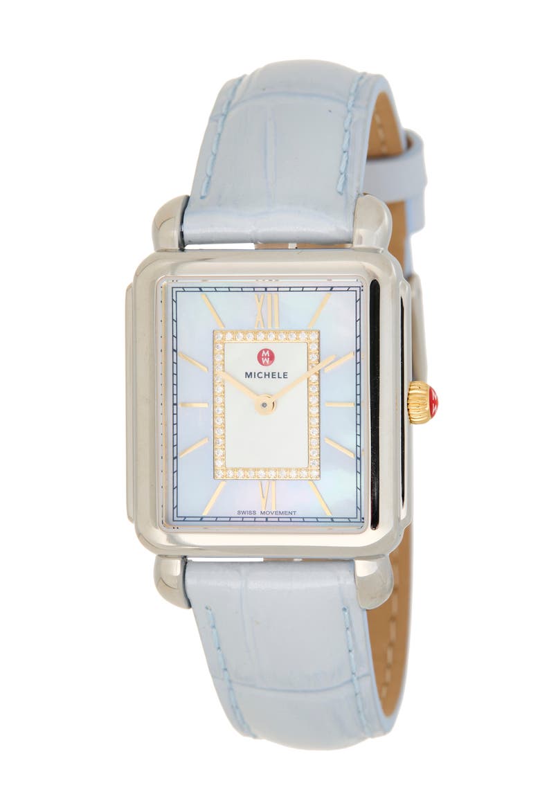 Deco II Diamond Mother-of-Pearl Leather Strap Watch, 26mm x 28mm, Main, color, BLUE/ WHITE GOLD