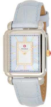 MICHELE Deco II Diamond Mother-of-Pearl Leather Strap Watch, 26mm x 28mm
