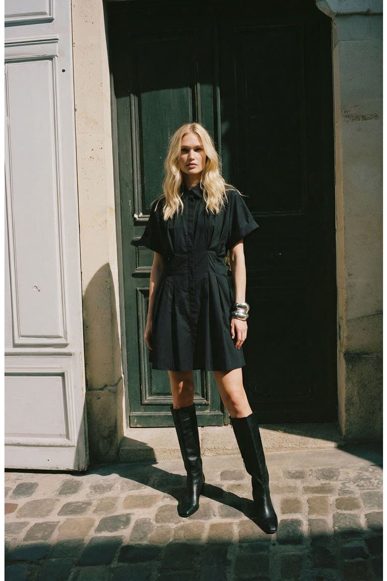 Friba Pleated Mini Shirtdress, Alternate, color, BLACK