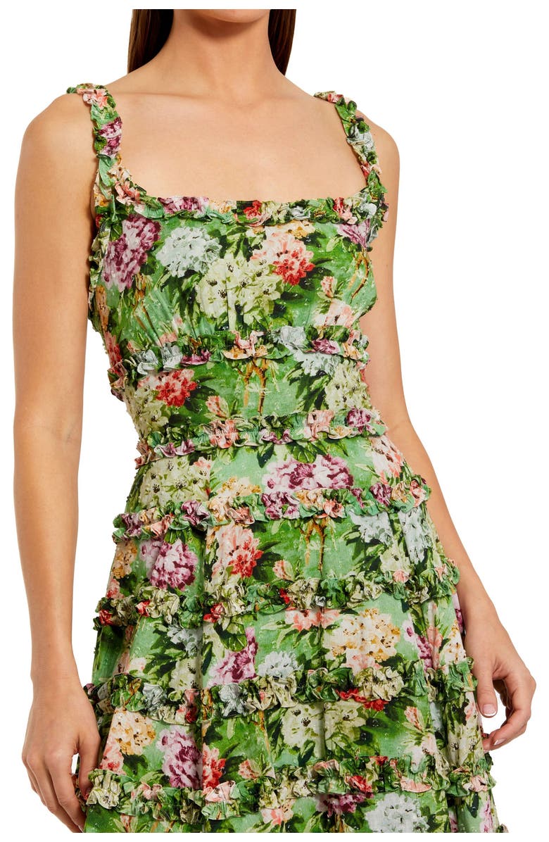 Mac Duggal Ruffle Floral Square Neck Midi Dress, Alternate, color, Green Multi