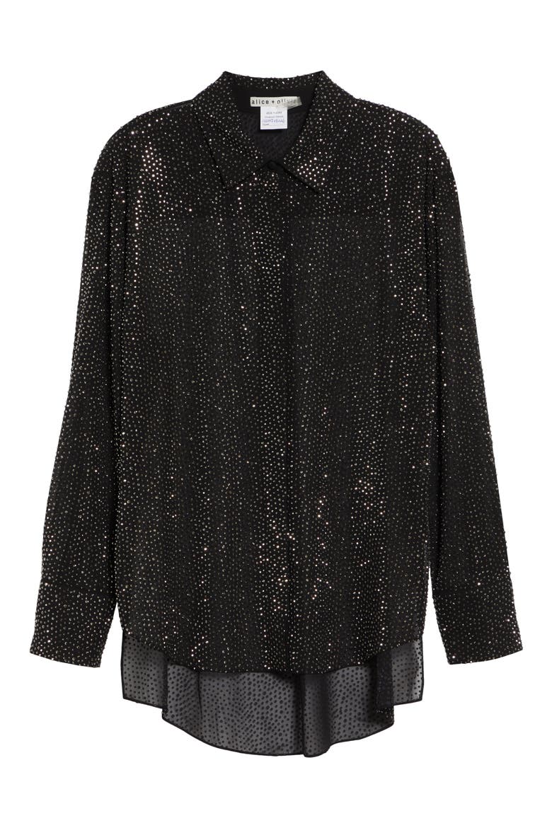 Dimitra Crystal Embellished Oversize Sheer Shirt, Alternate, color, BLACK